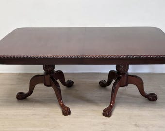 Antique Mahogany Double Pedestal Base Dining Table-Chippendale Style Screw Extension-No Leaves