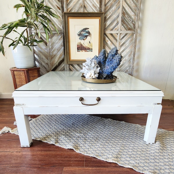 WHITE Coastal Lane Square Coffee Table-Vintage Farmhouse Nautical Large Table