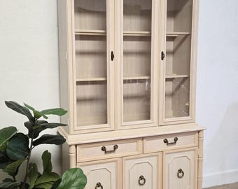 Broyhill Palm Beach Faux Bamboo Lighted Hutch-Custom Painted Vintage Washed Rattan Coastal Boho Lighted Cabinet