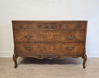 Antique French Style Low Carved Chest- 1930s Ornate Inlaid Dresser-Part of Set