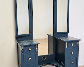 Teal Chippy Antique Vanity-Ornate Romantic Deep Blue Full Length Mirror Desk -1900's Dressing Table