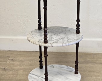 Three Tier Marble Plant Stand-Vintage Accent Table-Turned Leg Round Marble Stand