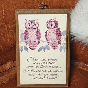 May include: A framed print featuring two owls perched on a branch. The owls are depicted in shades of purple and brown. The print includes the text: "I know you believe you understand what you think I said..."