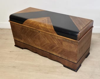 Lane 1943 Cedar Chest-Waterfall Black Chevron Bench Blanket Chest Trunk-1940s Refreshed Cedar Chest