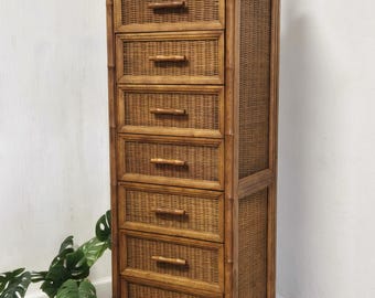 Vintage Faux Bamboo Rattan Lingerie Chest- Seven Drawer American of Martinsville Palm Beach Tall Dresser
