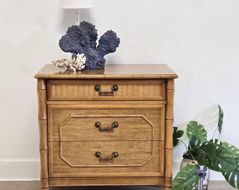 Faux Bamboo Broyhill 3 Drawer Nightstand, Vintage Oversized Coastal Chest Console, Custom Color, Bedside Small Dresser