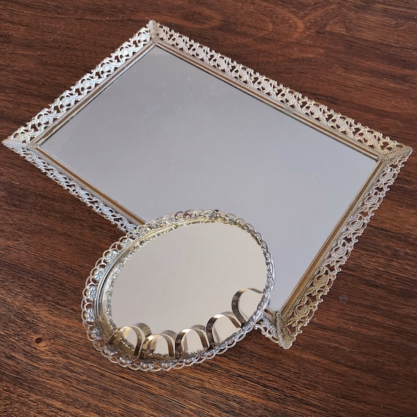 Vintage Gilt Tray Set- Ormolu Mirrored Large Vanity Tray & Oval Lipstick Tray-Dressing Table Trays