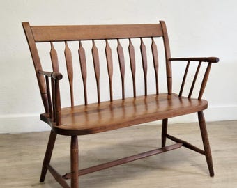 Nichols & Stone Arrow Back Maple Bench-Vintage Solid Wood Slat Farmhouse Settee Nichols Stone