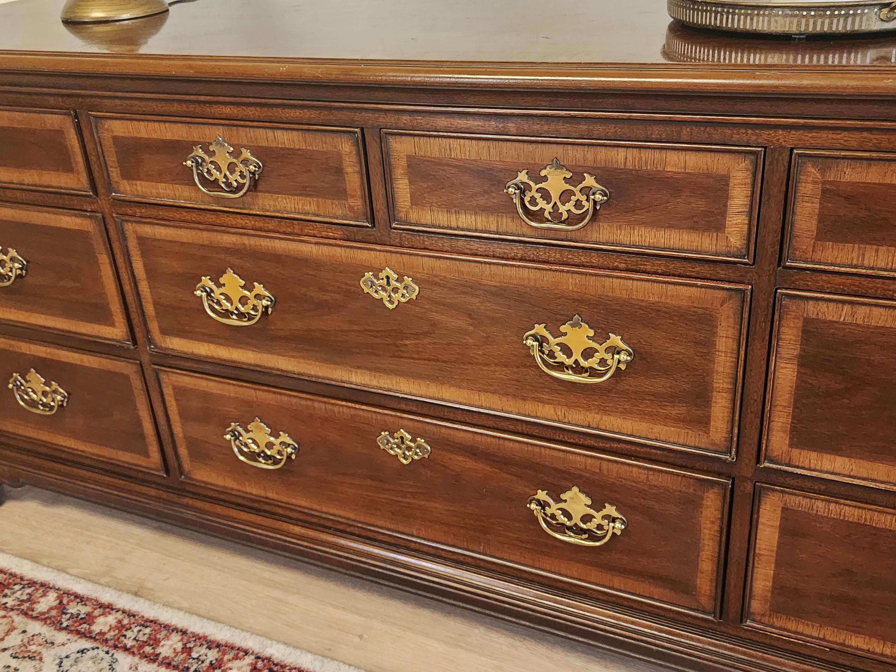 DREXEL 10 Drawer Banded Mahogany Dresser-solid Wood Console