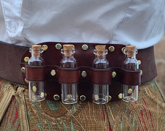 Leather Apothecary Belt Slider: 4-Bottle Costume Accessory