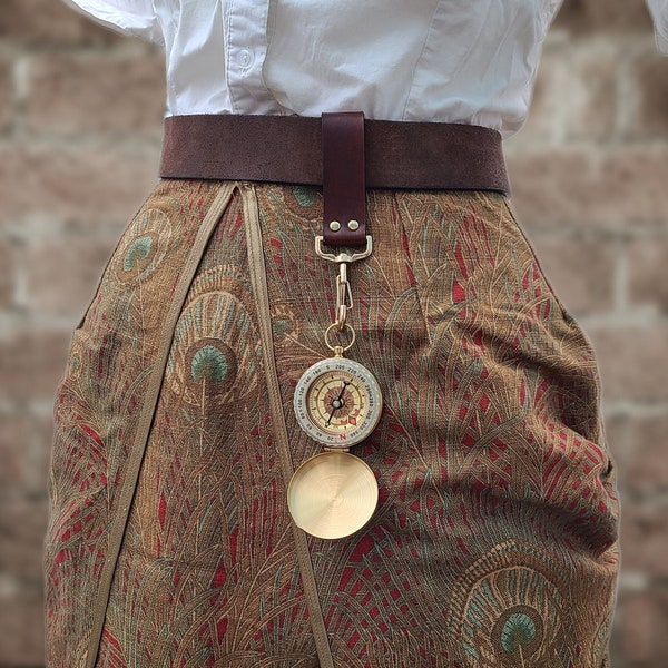 Brass Compass on belt clip with real leather belt hanger