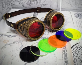 Goggles with a leather strap and custom lenses, choice of colours