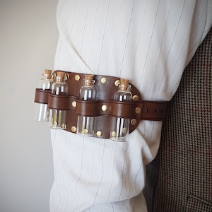 Leather Sleeve Garter with bottles, steampunk accessory, costume accessory, Steampunk, steampunk cosplay, bottle holder, larp, dnd, rpg