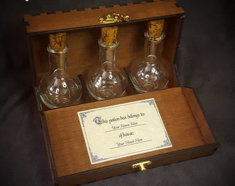 Magic Potion Box for witches and wizards, contains potion bottles and a personalised label