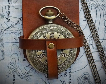 Pocket Watch with Leather Belt Holder - For Steampunk, LARP and Cosplay