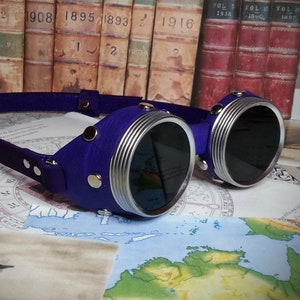 Purple Goggles made from real leather with a choice of coloured lenses, ideal for Steampunk, Cosplay, LARP