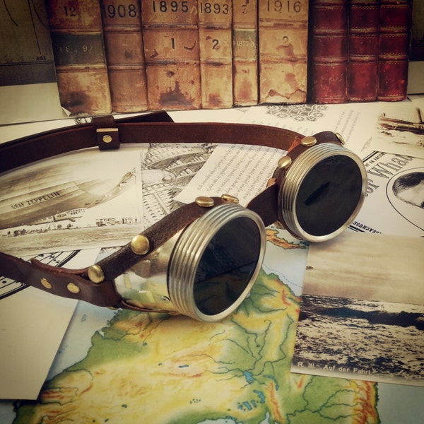 Steampunk Goggles Silver & Brown Leather - The Pilot , Dieselpunk, Adventurer, Time Traveller, Explorer, Airship, Kraken, Burning Man