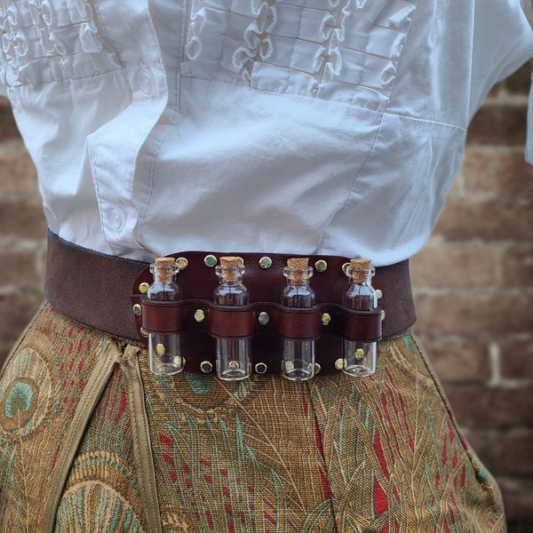 Steampunk Apothecary Belt Slider, leather belt, steampunk accessory, costume accessory, steampunk cosplay, steampunk bottles, bottle holder