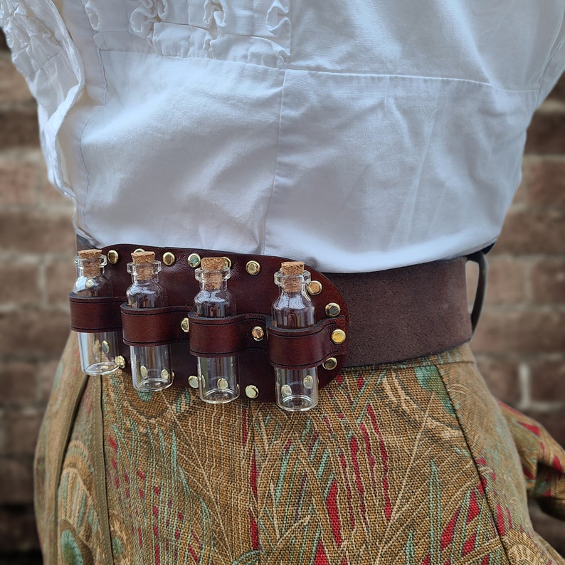 Steampunk Apothecary Belt Slider, leather belt, steampunk accessory, costume accessory, steampunk cosplay, steampunk bottles, bottle holder image 2