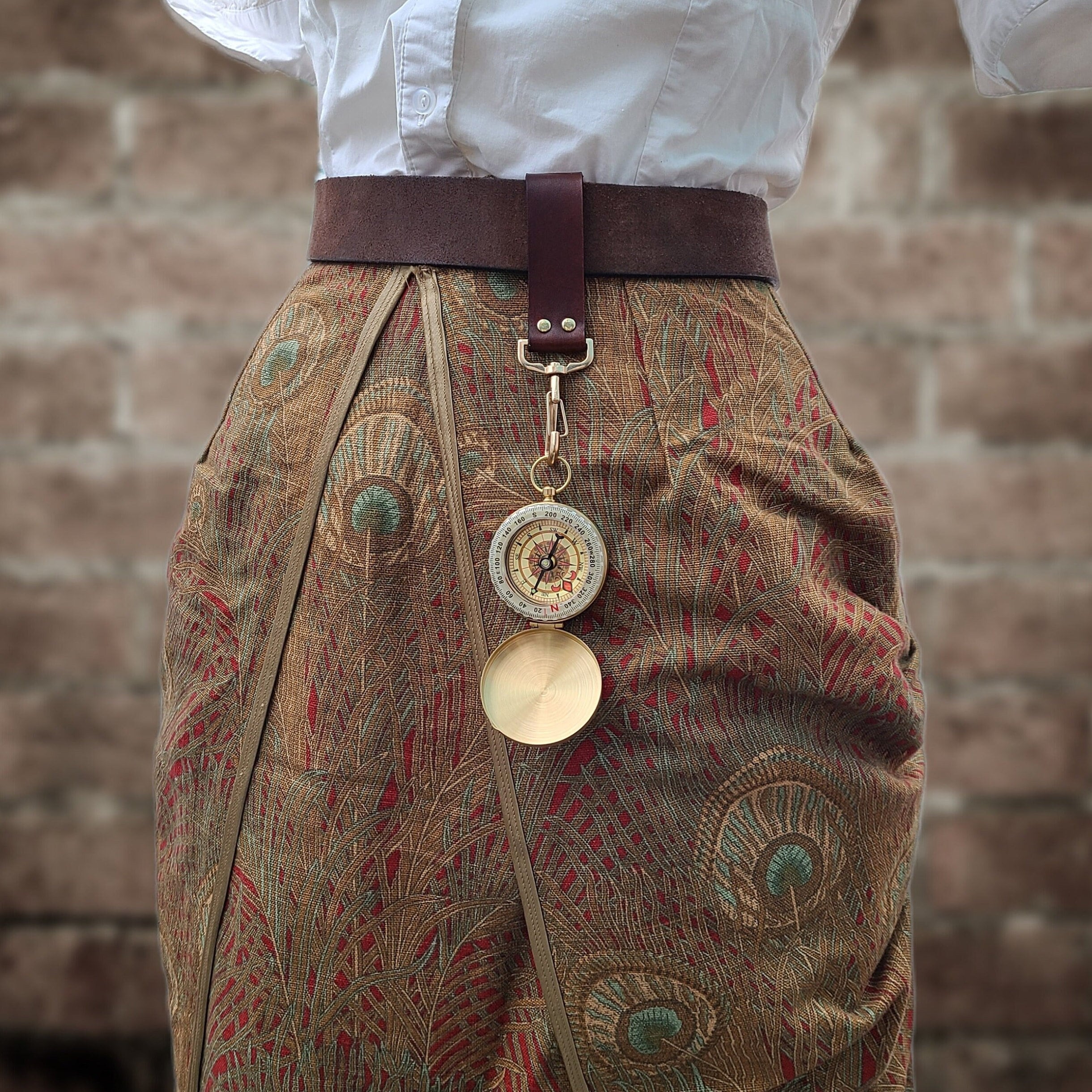 Brass Compass on belt clip with real leather belt hanger