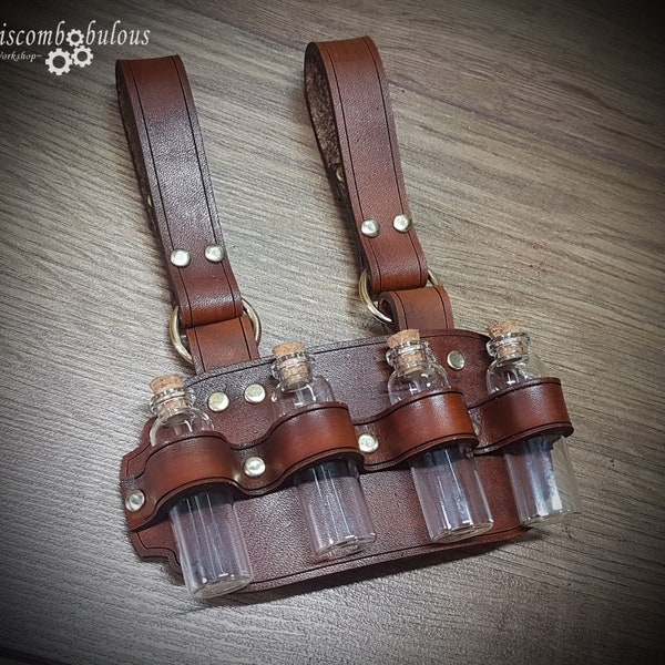 Leather belt hanger with bottles, steampunk accessory, costume accessory, cosplay, steampunk bottles, dnd, larp, rpg, apothacery