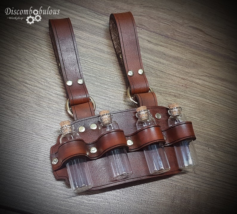 Leather belt hanger with bottles, steampunk accessory, costume accessory, cosplay, steampunk bottles, dnd, larp, rpg, apothacery image 1