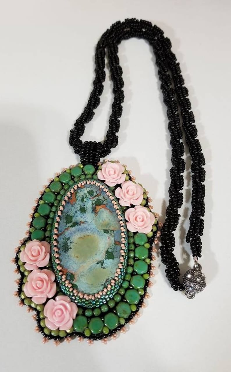 Bead embroidered pendant necklace