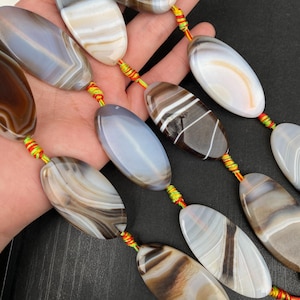 Natural brown grey banded agate oval bead strand semi translucent boho jewelry design DIY statement necklace material