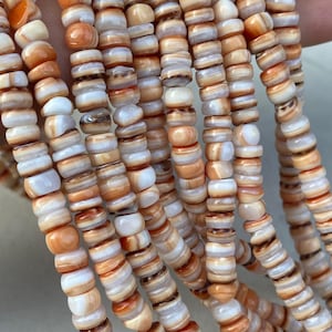 May include: Close-up of multiple strands of shell beads. The beads are cylindrical, with a mix of white, cream, and orange hues. They are strung together, creating a textured appearance. These beads are likely used for jewellery making.