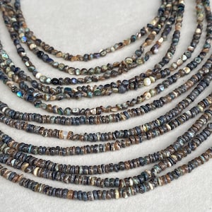May include: A multi-strand necklace featuring numerous rows of small, circular, flat beads. The beads exhibit a dark, iridescent color palette with shades of brown, charcoal, and hints of blue and green, reflecting a natural shell-like texture.