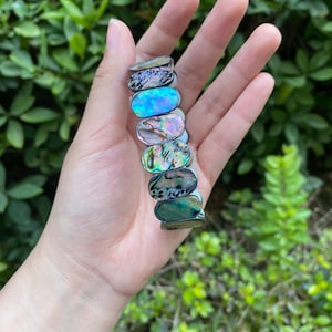 May include: A bracelet featuring seven iridescent abalone shell pieces in shades of blue, green, and purple. The oval-shaped shells are strung together, creating a colorful and unique accessory. The bracelet is held against a backdrop of green foliage.