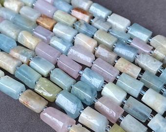 Morganite Tube Beads 7.5-8x10-14mm, Pastel Pink Blue Green Gemstone Bead Strand 38-40cm, 1mm Hole for Necklace Bracelet Jewelry DIY