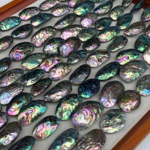 Könnte beinhalten: Eine Sammlung ovaler Abalone-Muschelperlen mit natürlichem, irisierendem Finish und wirbelnden Mustern in Grün-, Blau-, Violett- und Rosatönen. Jede Perle weist eine einzigartige, polierte Oberfläche mit einem hochglänzenden, reflektierenden Glanz auf.