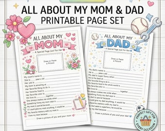 All About My Mom and Dad Printable Pages, Family Activity Worksheet, US Letter
