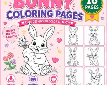 Bunny Coloring Page, Easter Rabbit Coloring Sheet, 16 Pdf instant download