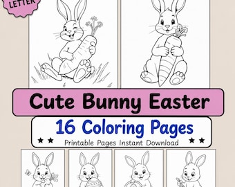Bunny Coloring Page, Easter Rabbit Coloring Sheet, 16 Pdf instant download