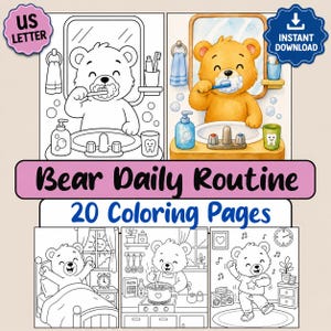 Pode incluir: Download digital com o tema "Rotina Diária do Urso" com 20 páginas para colorir. A imagem mostra um urso escovando os dentes, juntamente com outras atividades diárias. Inclui um selo "US Letter" e "Download Instantâneo".