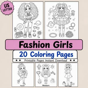 Könnte beinhalten: Eine Sammlung von Schwarz-Weiß-Malvorlagen mit Mode-Illustrationen. Die Seiten zeigen Mädchen in verschiedenen Stilen, mit dem Text "Fashion Girls" und "20 Coloring Pages". Die Seiten sind mit "Kawaii", "Western" und "Mod Style" beschriftet.