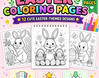 Easter Coloring Pages for Kids, 12 Bunny Rabbit Designs (Digital Download)