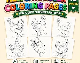 Chicken Coloring Pages, Hen Rooster Printable PDF (Digital Download)