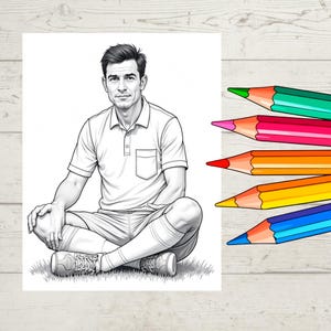 May include: Black and white coloring page of a person sitting cross-legged, holding a ball. The person is wearing a polo shirt, shorts, socks, and sneakers. Colored pencils in green, pink, red, yellow, and blue are arranged on a wooden surface.