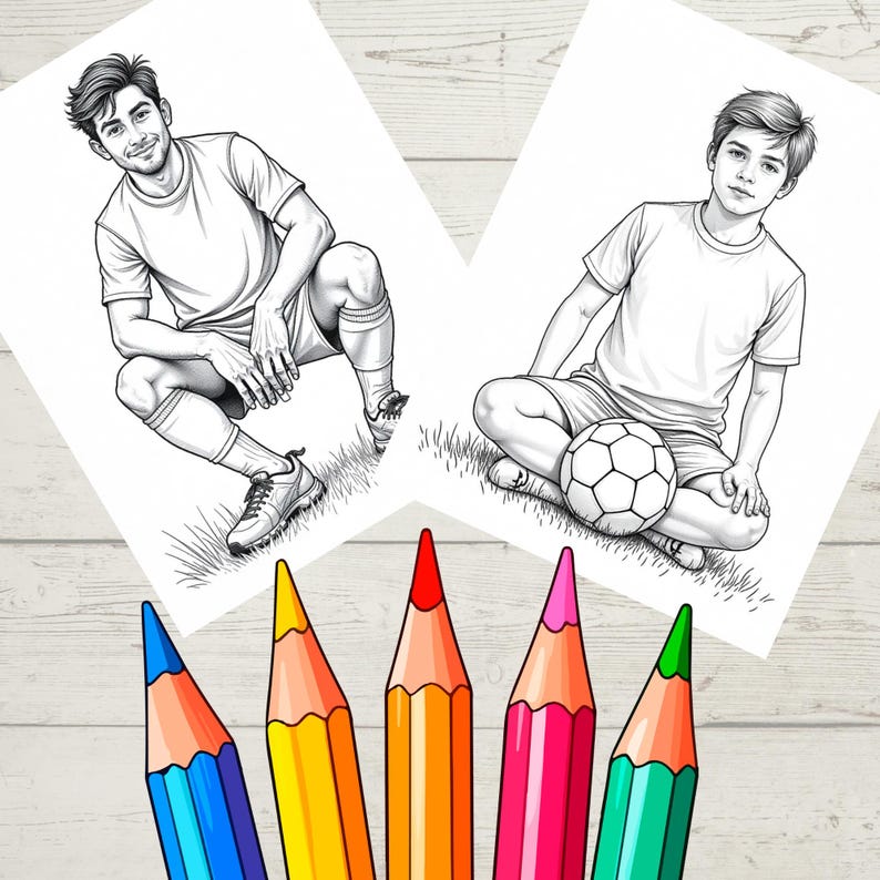 May include: Two black and white coloring pages of soccer players, one crouching and the other sitting with a soccer ball. Below, five colored pencils with blue, yellow, orange, pink, and green tips are visible.