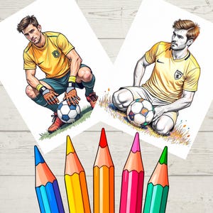 May include: Two illustrations of soccer players in yellow jerseys with soccer balls. One player is kneeling, the other is sitting on the grass. A set of colored pencils is in the foreground, with blue, yellow, red, pink, and green pencils.