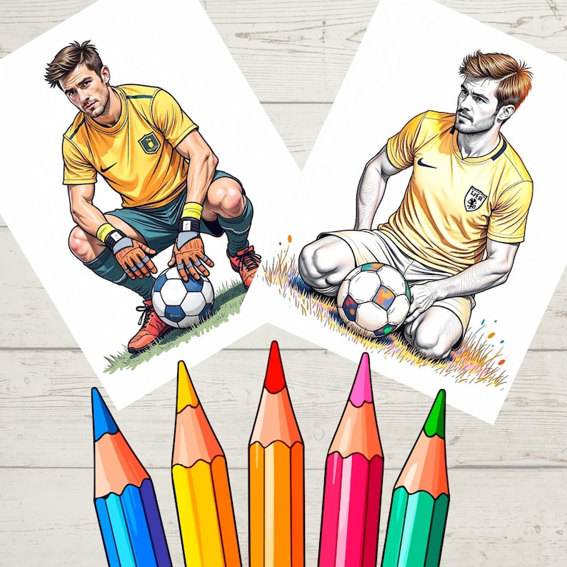 May include: Two illustrations of soccer players in yellow jerseys with soccer balls. One player is kneeling, the other is sitting on the grass. A set of colored pencils is in the foreground, with blue, yellow, red, pink, and green pencils.