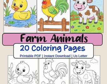 Farm Animals Coloring Pages for Kids, 20 Printable Toddler Coloring Sheets, Instant Download