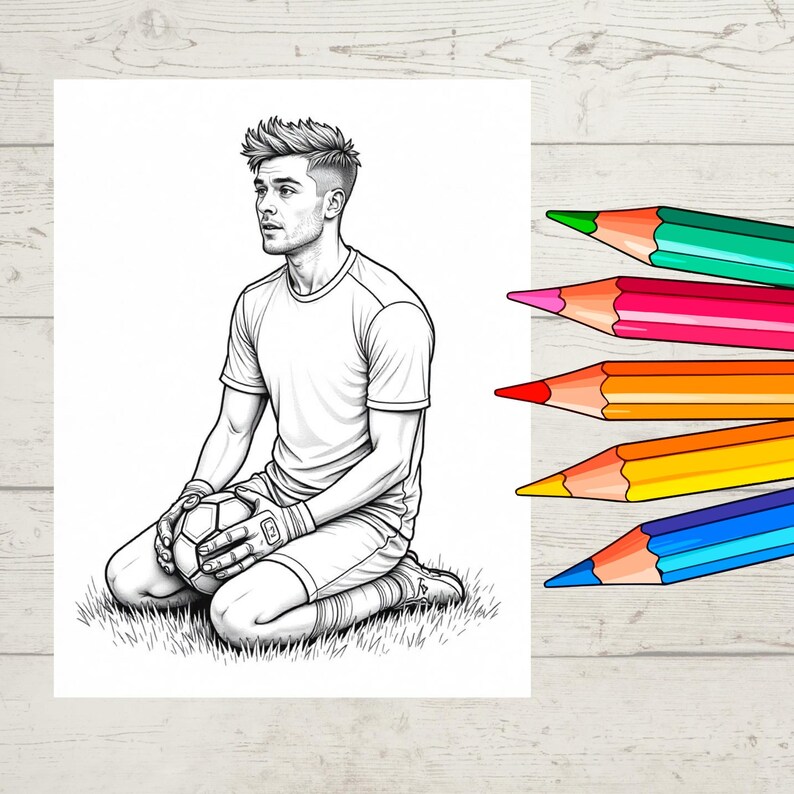 May include: Black and white coloring page of a soccer player kneeling on grass, holding a soccer ball. The image is accompanied by a set of colored pencils in green, pink, red, yellow, and blue. The pencils are arranged on a light wood surface.