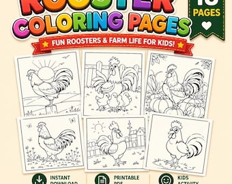 Rooster Coloring Page for Kids, Printable Farm Rooster Sheets, Fun Farm Animal Activity for Children, Instant 18 PDF Download