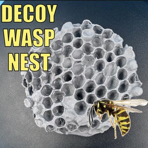May include: A gray, honeycomb-shaped decoy wasp nest with the text "DECOY WASP NEST" in yellow. A yellow and black wasp is positioned near the nest, with its wings spread. The nest is designed to deter wasps.