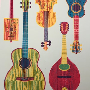 Instant Folk screen print - A3 art print - midcentury retro wall art - guitar folk music print