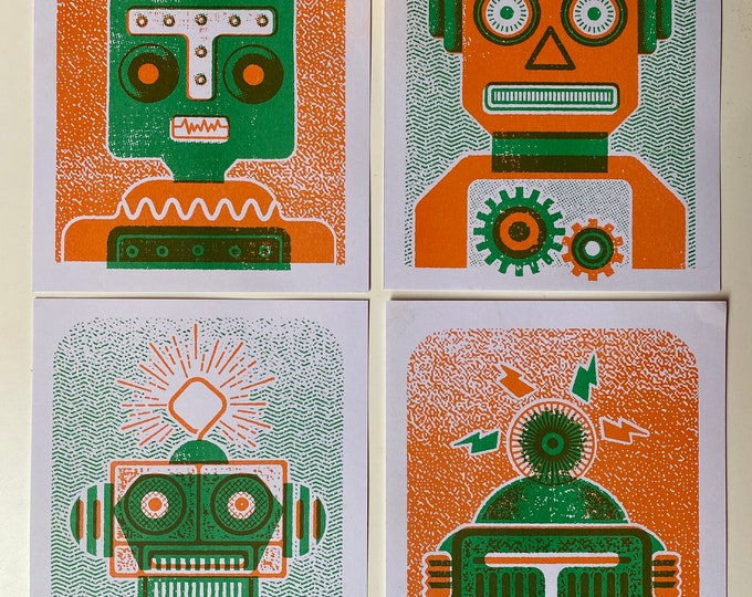 Robot Set of 4 Mini Risograph Prints, Kids Bedroom, Nursery Decor, Retro Vintage Poster Prints, Children’s Wall Art